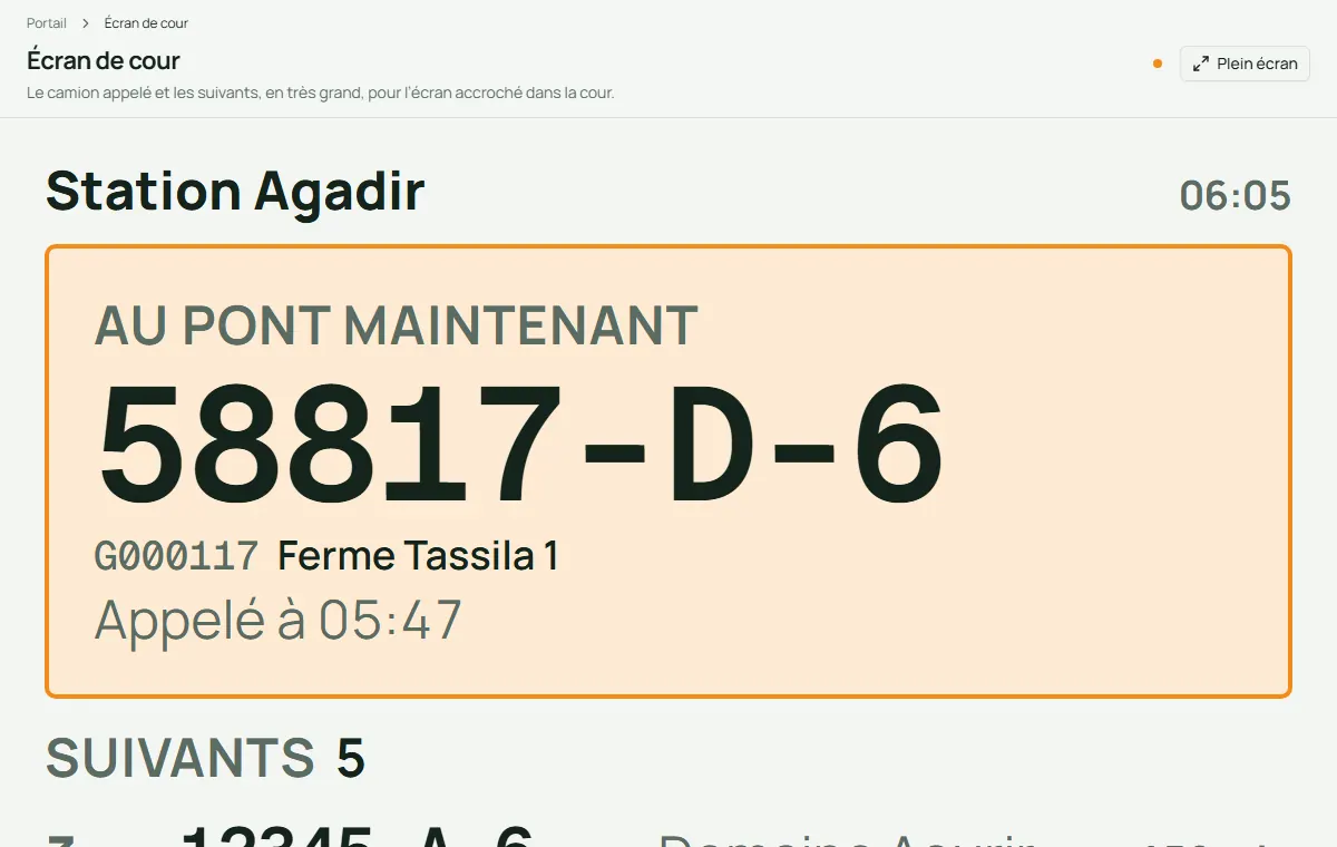 Écran de Traceline : Portail et file des camions