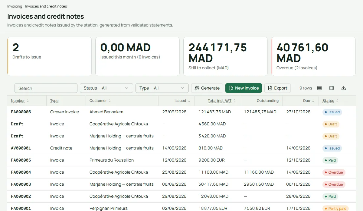 Traceline screen: Invoices and VAT