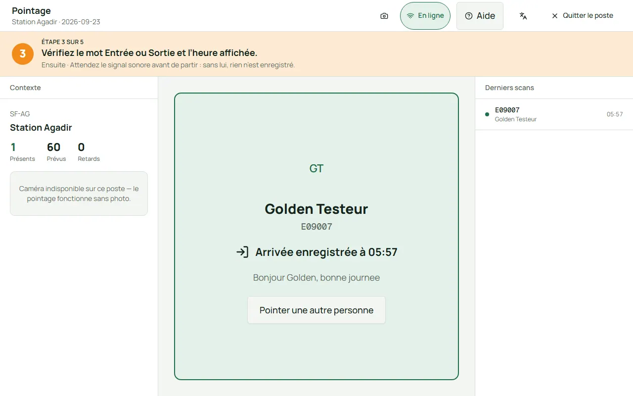 Écran de Traceline : Le pointage au badge