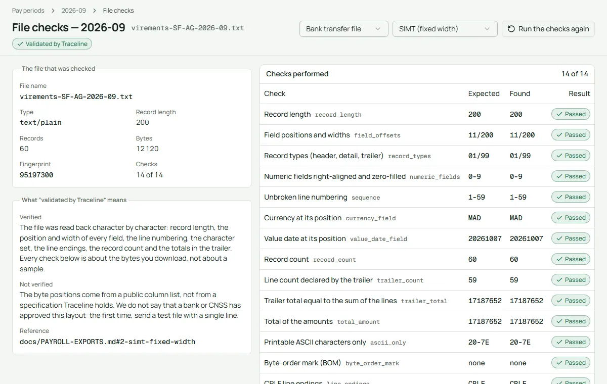 Traceline screen: Bank and CNSS files, checked