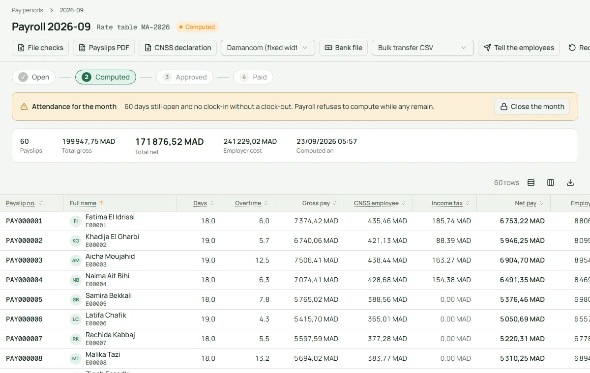Traceline screen: Moroccan payroll