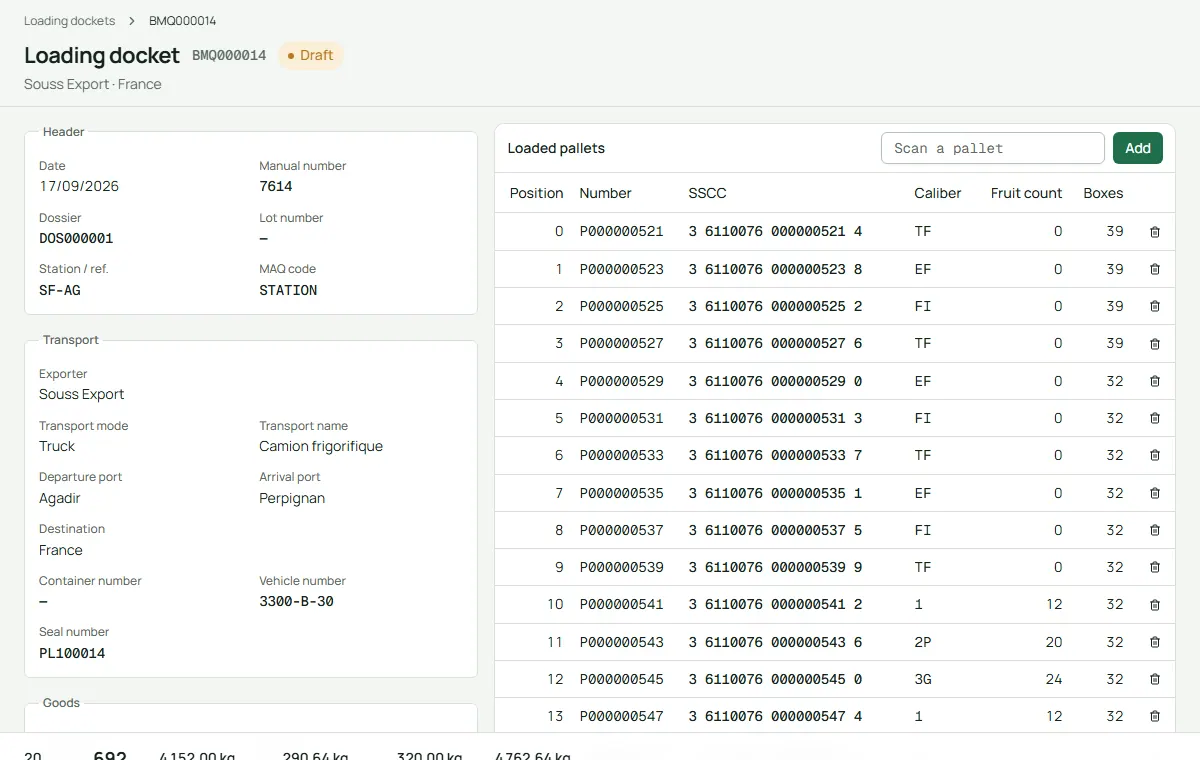 Traceline screen: Loading docket and truck